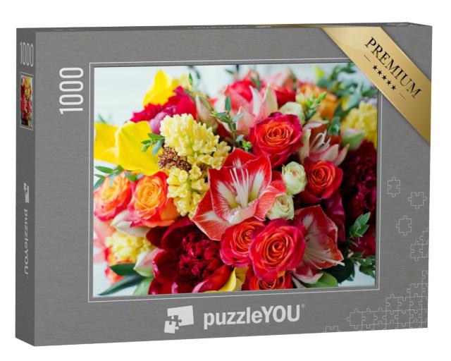 Puzzle 1000 Teile „Große rosa Geschenkbox mit hellen Blumen“