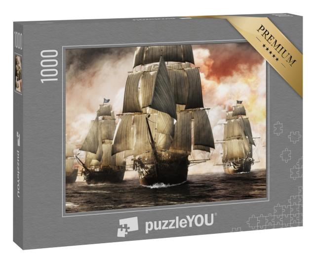 Puzzle 1000 Teile „Digitale Kunst: Piratenschiff-Flotte nach erfolgreichen Raubzug“
