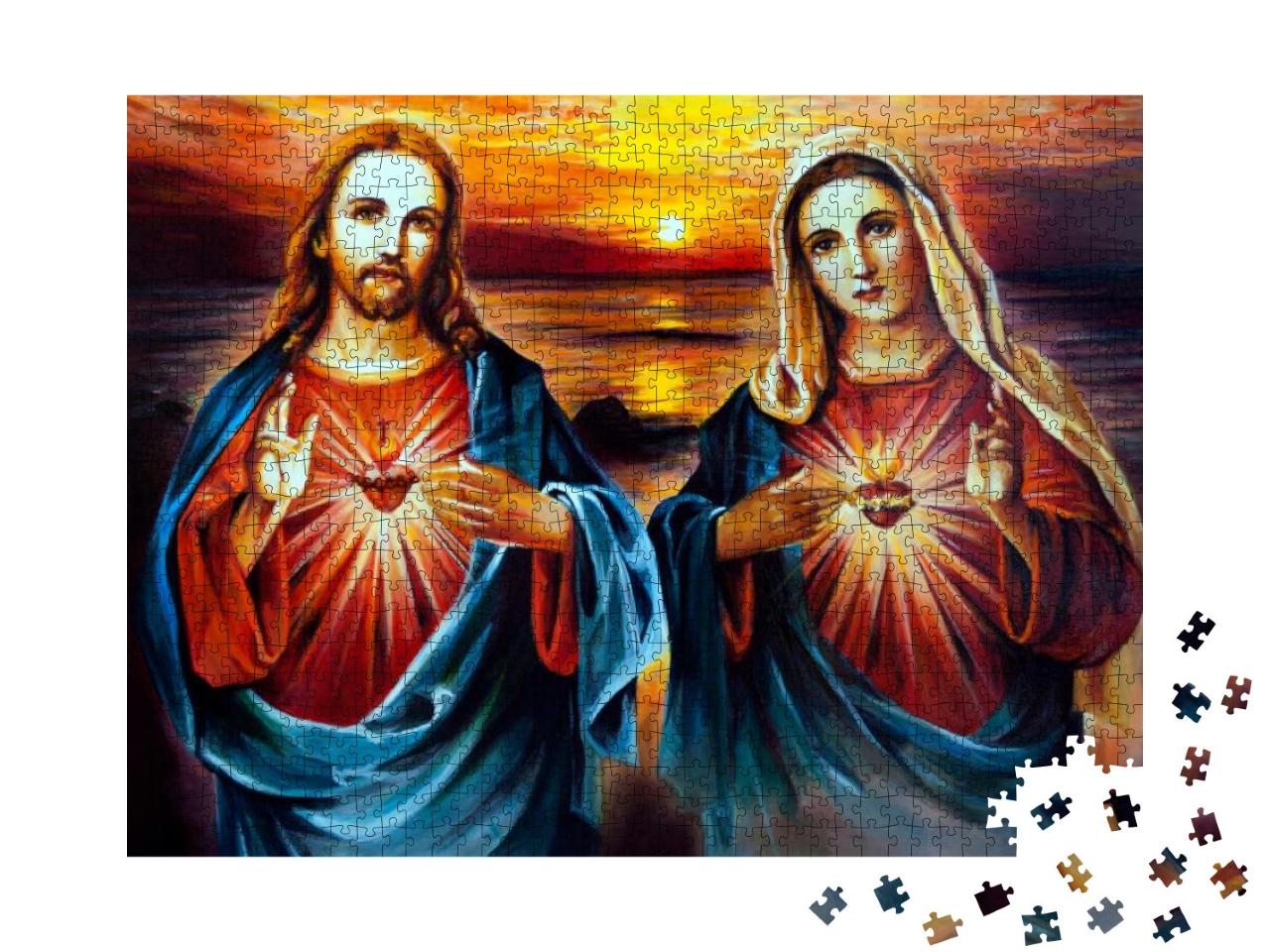 Puzzle 1000 Teile „Jesus Christus und Maria mit Herz, ein Ölgemälde“