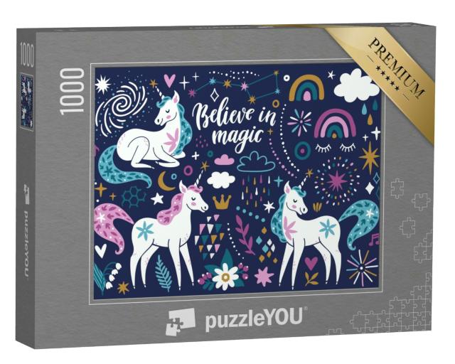 Puzzle 1000 Teile „Vektor-Set: Einhörner, Regenbogen, Wolken, Blumen, Sterne und Funken“