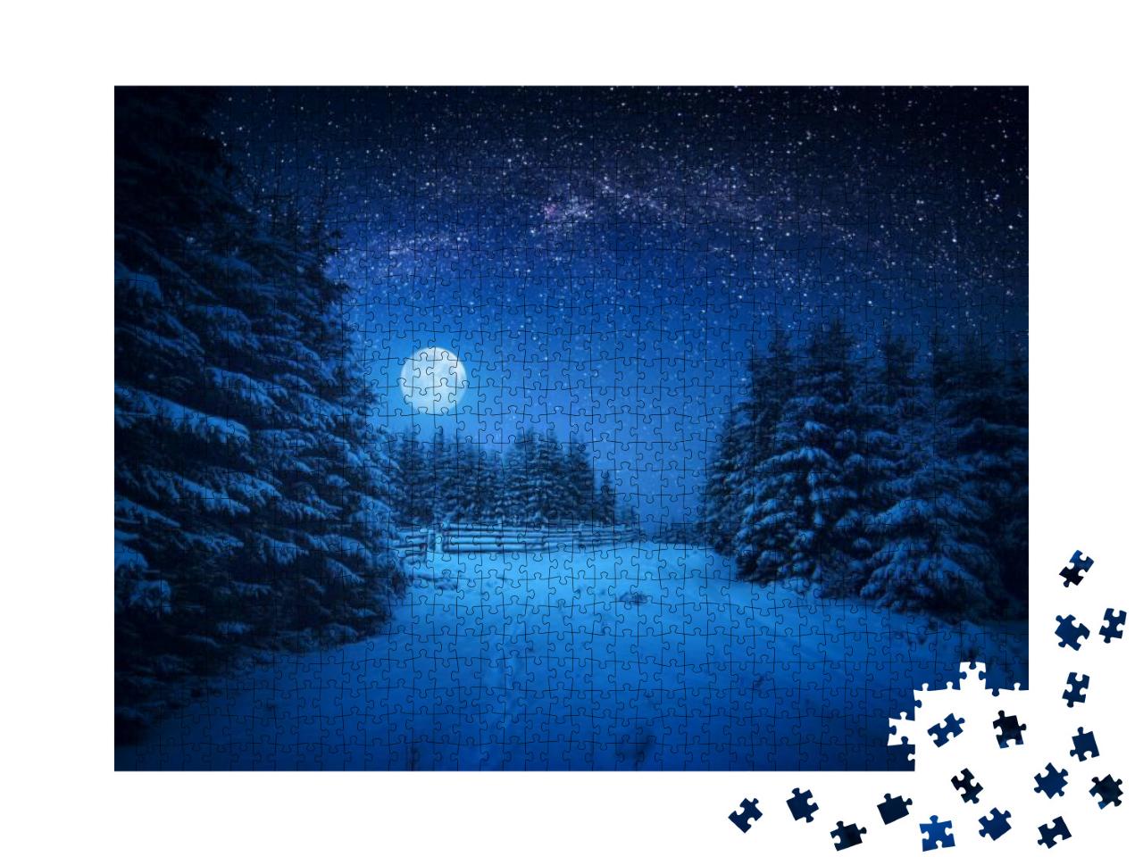 Puzzle 1000 Teile „Vollmond über einer Winternacht im Wald“