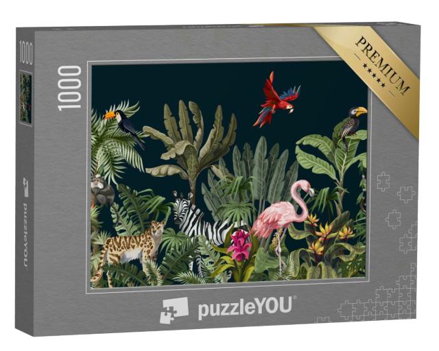 Puzzle 1000 Teile „Nahtloses Muster mit Dschungeltieren, Blumen und Bäumen“