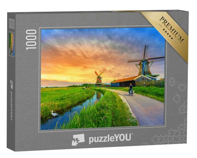 Puzzle 1000 Teile „Windmühlen und Fluss bei Sonnenuntergang, Holland, Niederlande“