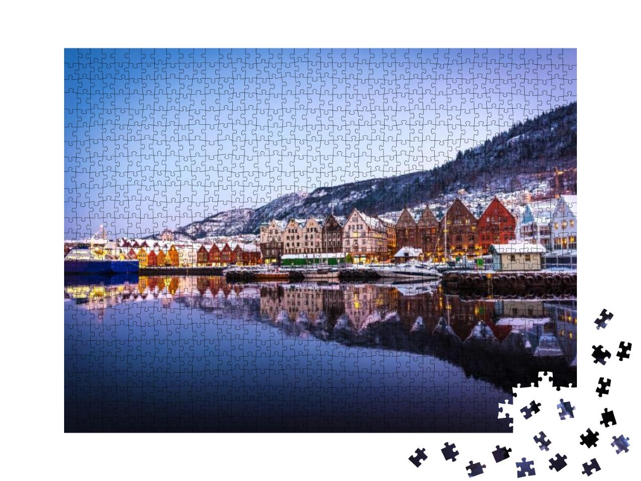 Puzzle 1000 Teile „Weihnachtliche Holzhäuser in Bergen, Norwegen“
