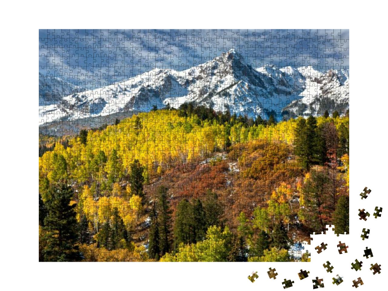 Puzzle 1000 Teile „Rocky Mountains, Colorado, Herbst, bunte Blätter, schneebedeckte Berge“