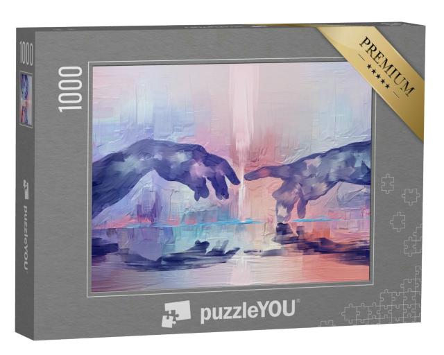 Puzzle 1000 Teile „Kunstmalerei: Surrealistische Hände nach Michelangelos Meisterwerk“