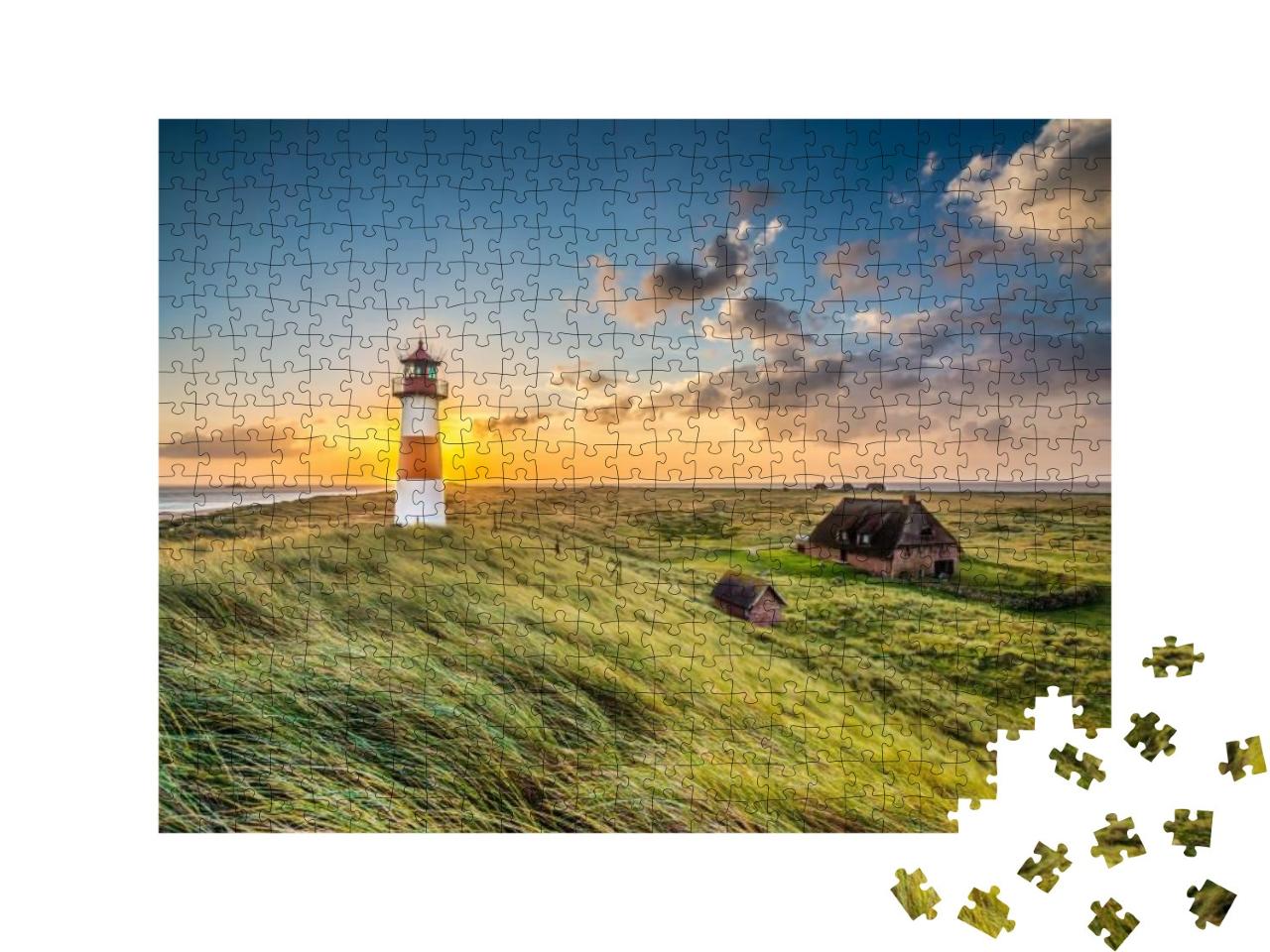 Puzzle 500 Teile „Sonnenaufgang am Leuchtturm in List auf Sylt, Schleswig-Holstein, Deutschland“