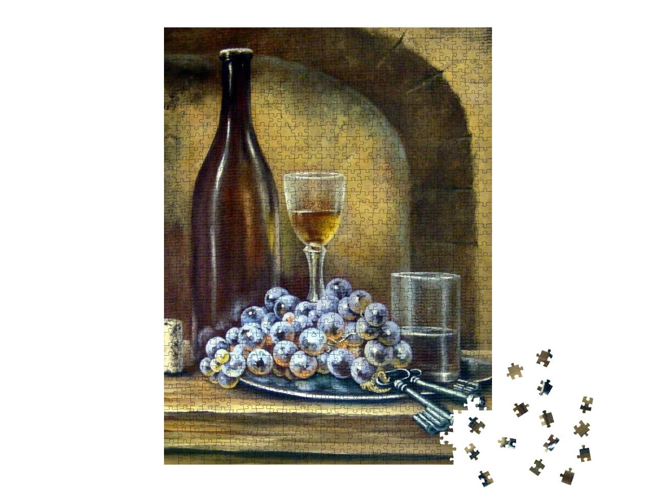 Puzzle 1000 Teile „Ölgemälde, klassisches Stillleben mit Wein und Trauben“