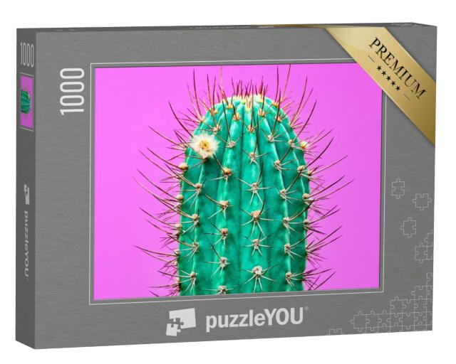 Puzzle 1000 Teile „Zeitgenössische Kunst: Modischer Kaktus auf rosa Hintergrund“