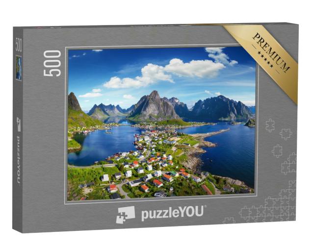 Puzzle 500 Teile „Dorf Reine unter einem sonnigen, blauen Himmel, Lofoten, Norwegen“