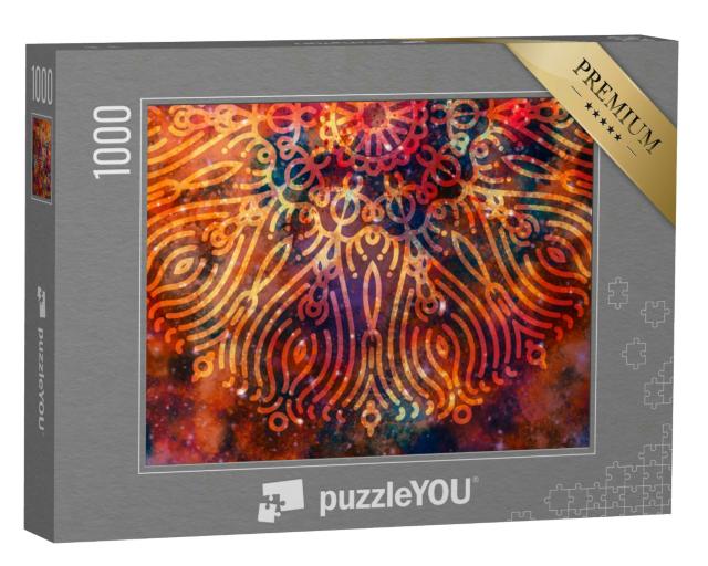 Puzzle 1000 Teile „Digitale Kunst: Mandala, im Hintergrund eine bunte Galaxie“