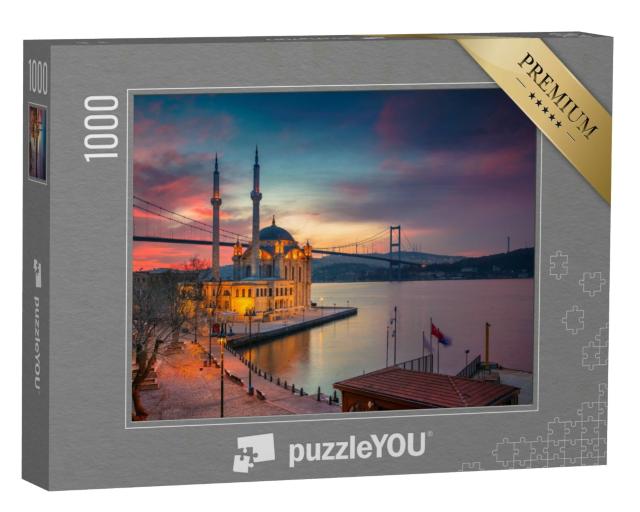 Puzzle 1000 Teile „Sonnenaufgang an der Ortakoy Moschee mit Bosporus-Brücke in Istanbul“