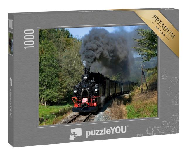 Puzzle 1000 Teile „Nostalgische Zugfahrt zwischen Steinbach und Jöhstadt, Sachsen, Deutschland“