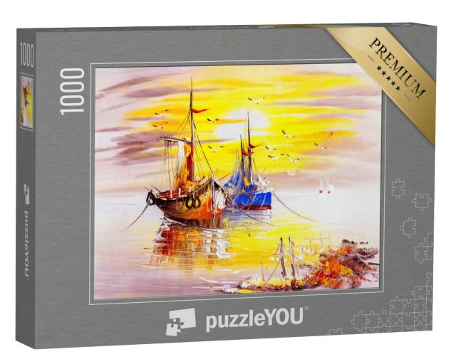 Puzzle 1000 Teile „Ölgemälde: Zwei Fischerboote im Sonnenuntergang“