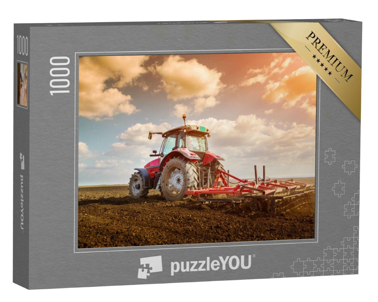 Puzzle 1000 Teile „Arbeit auf dem Land: Bodenvorbereitung mit Saatbettkultivator, Traktor“