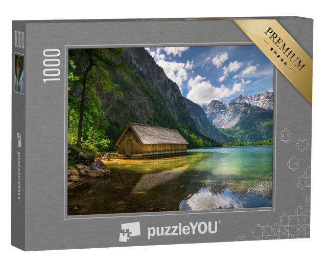 Puzzle 1000 Teile „Einsame Holzhütte an einem Bergsee“