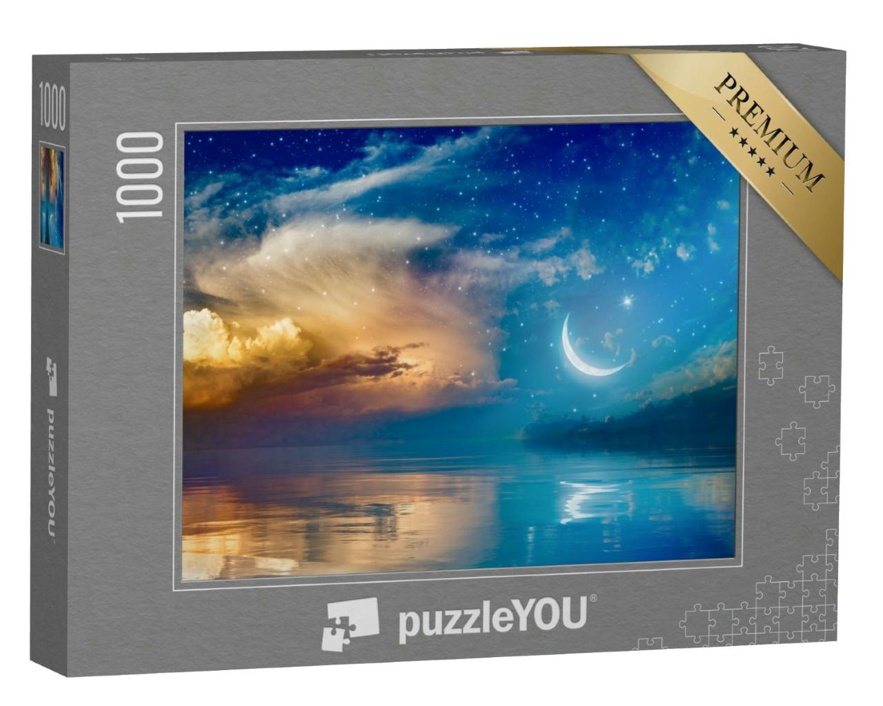 Puzzle 1000 Teile „Hintergrund mit Mondsichel, Sternen und Wolken, Ramadan Kareem“
