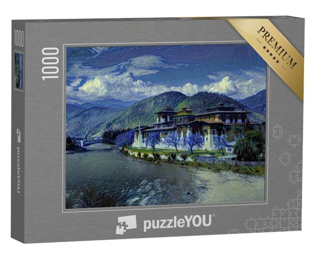 Puzzle 1000 Teile „im Kunst-Stil von van Gogh, Sternennacht - Punakha Dzong in Punakha, Bhutan“