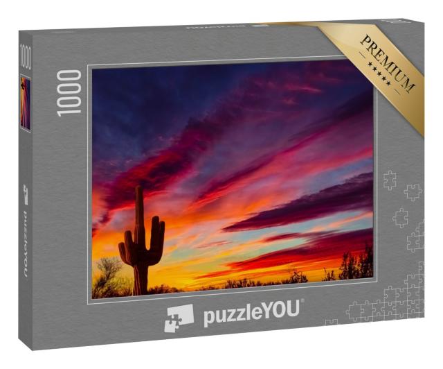 Puzzle 1000 Teile „Typischer Saguaro-Kaktus im Sonnenuntergang, Texas, USA“