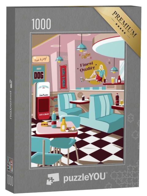 Puzzle 1000 Teile „Vektor-Design, amerikanisches Restaurant-Poster, Fast Food, Retro-Innenräume“