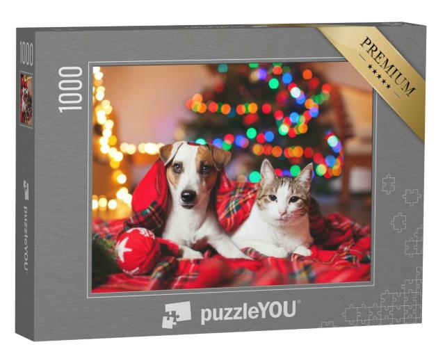 Puzzle 1000 Teile „Katze und Hund unter einem Weihnachtsbaum“