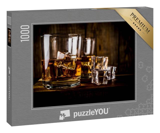 Puzzle 1000 Teile „Zwei Whiskey-Gläser auf dunklem Holzhintergrund, mit Eiswürfeln“