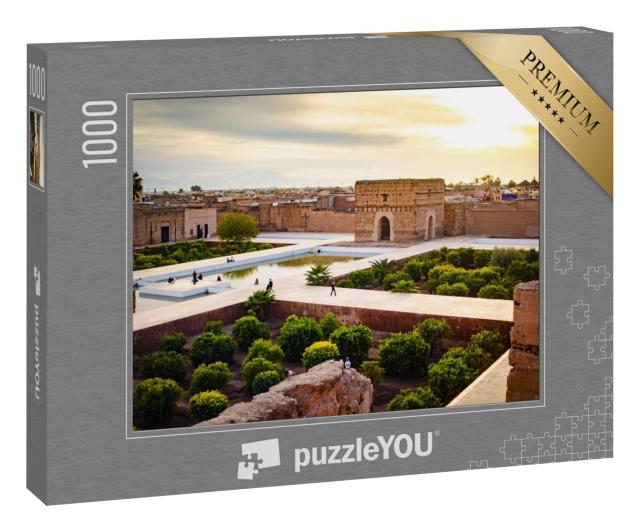 Puzzle 1000 Teile „Sonnenuntergang in El Badi, Landschaft bei Marrakesch, Marokko“
