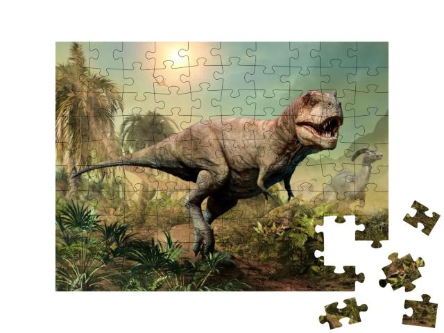 Puzzle 100 Teile „Tyrannosaurus rex, 3D-Illustration einer Szene“