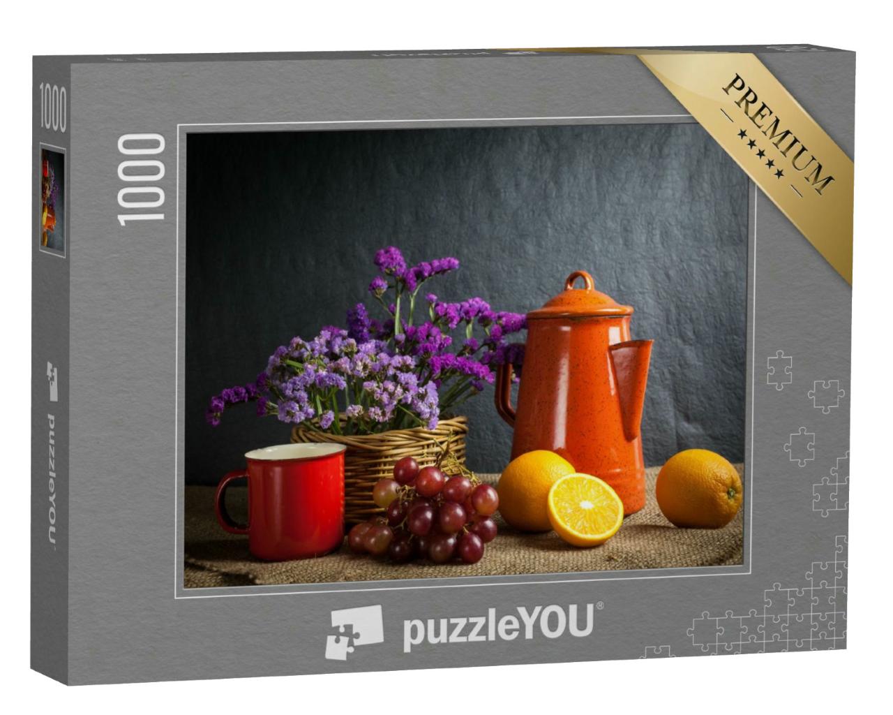 Puzzle 1000 Teile „Stillleben mit frischem Obst, Blumen im Holzkorb, Tasse und Kanne“