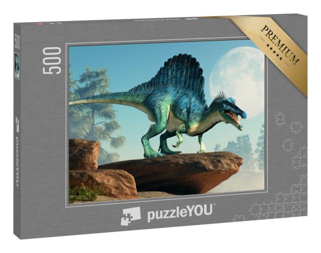 Puzzle 500 Teile „3D-Illustration: ein Spinosaurus auf einer Klippe bei Mondschein“