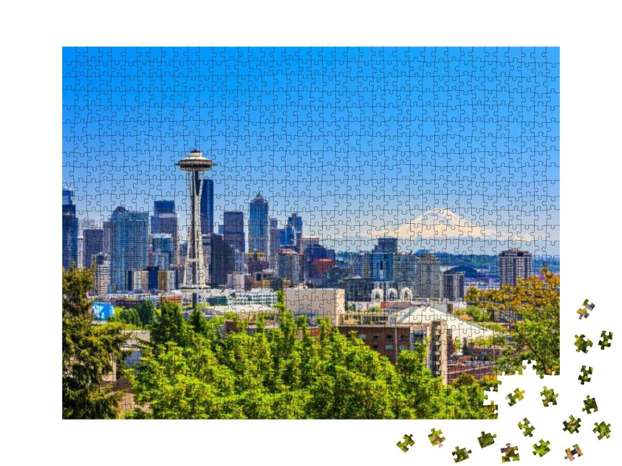 Puzzle 1000 Teile „Skyline der Innenstadt von Seattle und Mt. Rainier, Washington.“