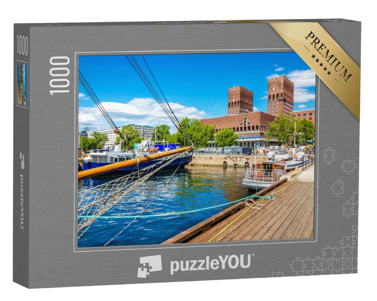 Puzzle 1000 Teile „Oslo City Hall, Blick aus Richtung Hafen, Oslo Fjord, Norwegen“