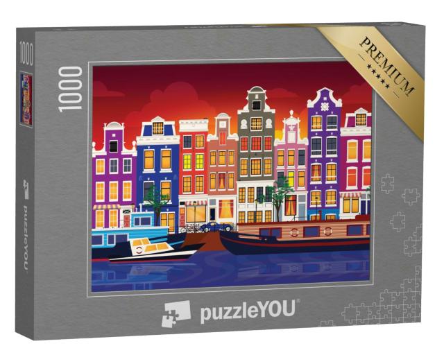 Puzzle 1000 Teile „Vektor-Illustration der bunten Häuser von Amsterdam“