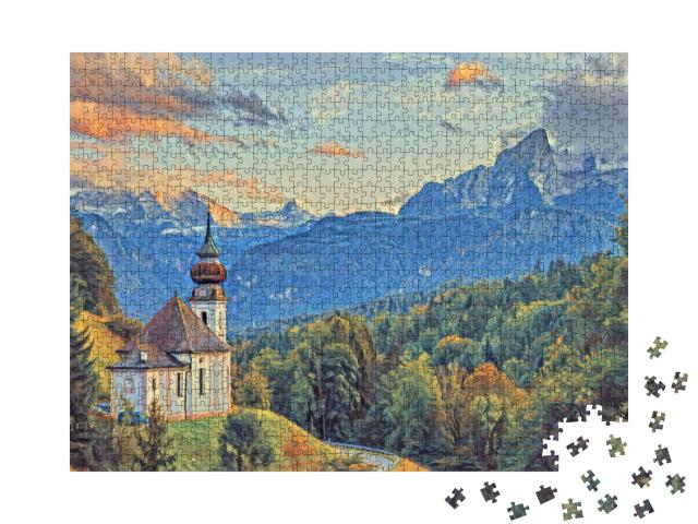 Puzzle 1000 Teile „im Stil von Paul-Cezanne - Watzmann mit Kirche Maria Gern - Puzzle-Kollektion Künstler & Gemälde“