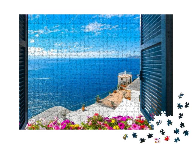 Puzzle 1000 Teile „Blick aus dem offenen Fenster auf das Mittelmeer, Sorrent, Italien“