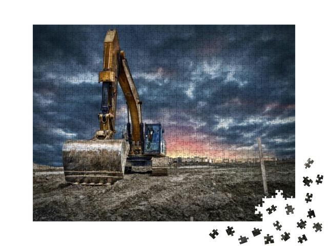 Puzzle 1000 Teile „Baggermaschinen auf einer Baustelle bei Sonnenuntergang“