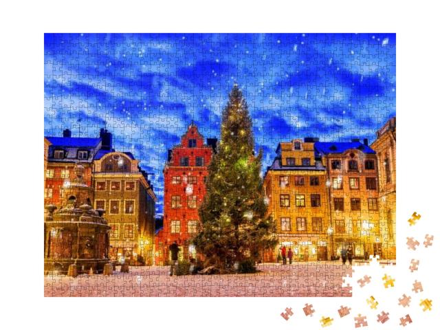 Puzzle 1000 Teile „Stortorget Platz, dekoriert zur Weihnachtszeit, bei Nacht, Stockholm, Schweden“
