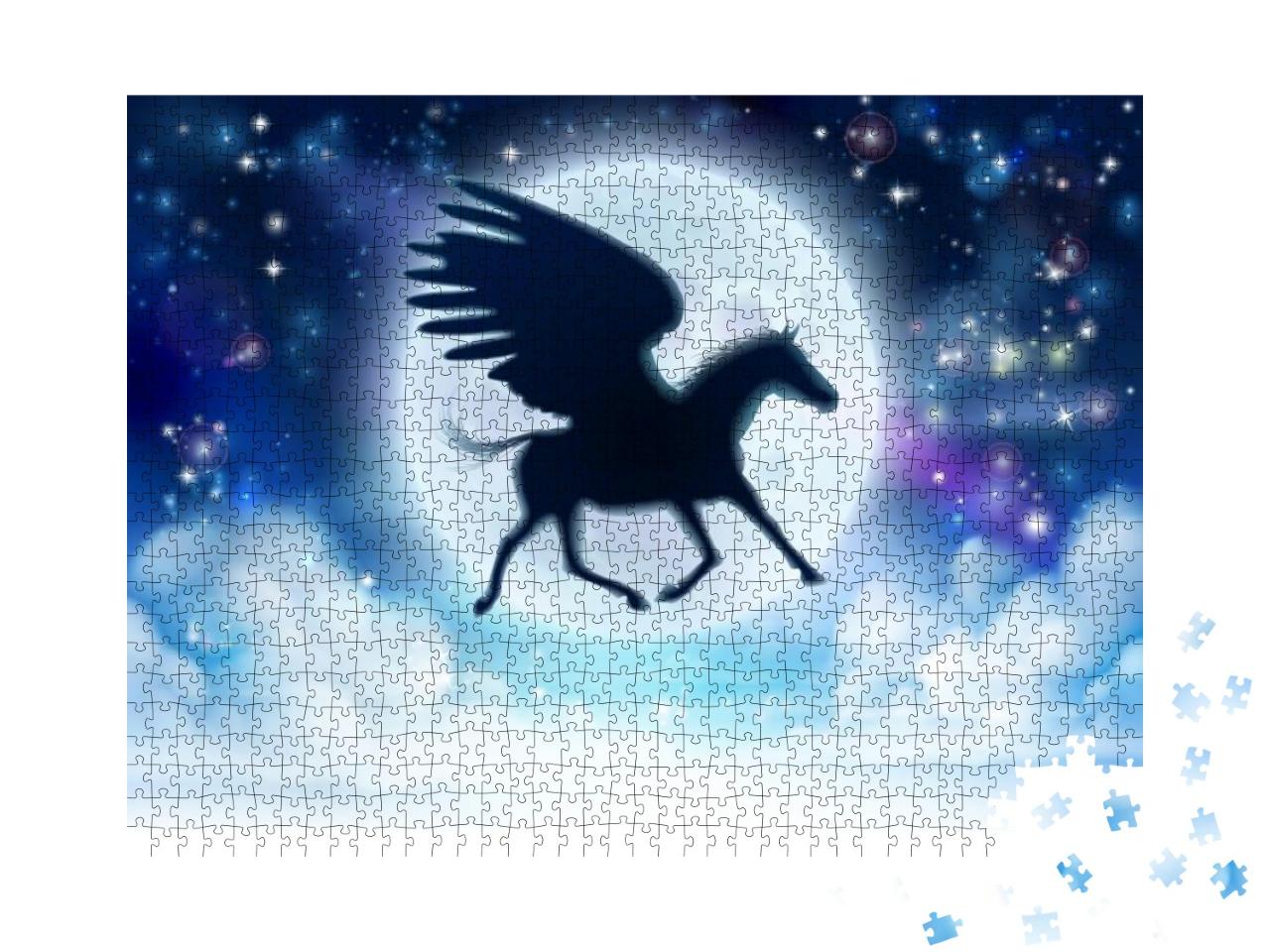 Puzzle 1000 Teile „Pegasus als Silhouette vor dem weißen Vollmond“