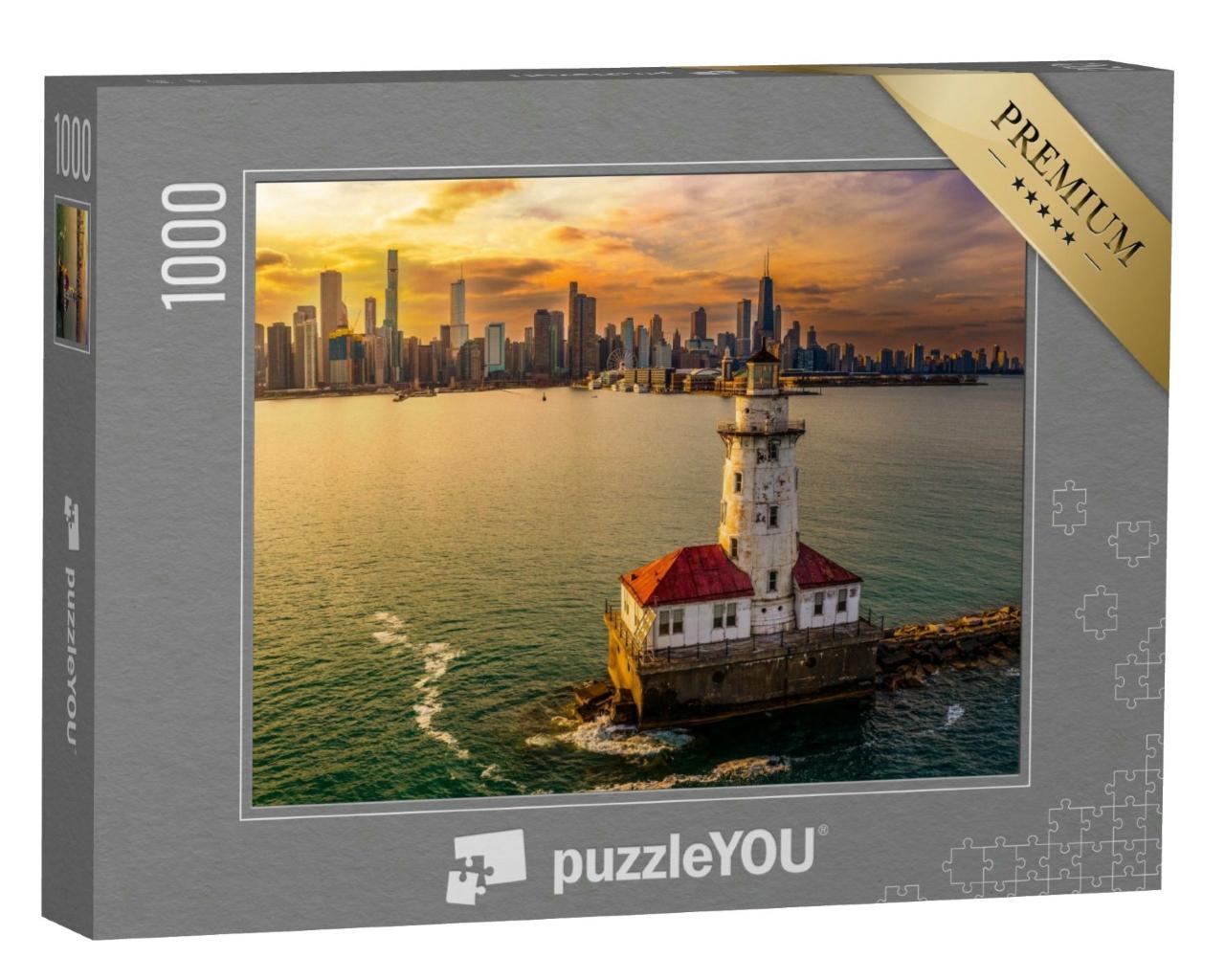 Puzzle 1000 Teile „Chicago: Hafen und Leuchtturm bei Sonnenuntergang“