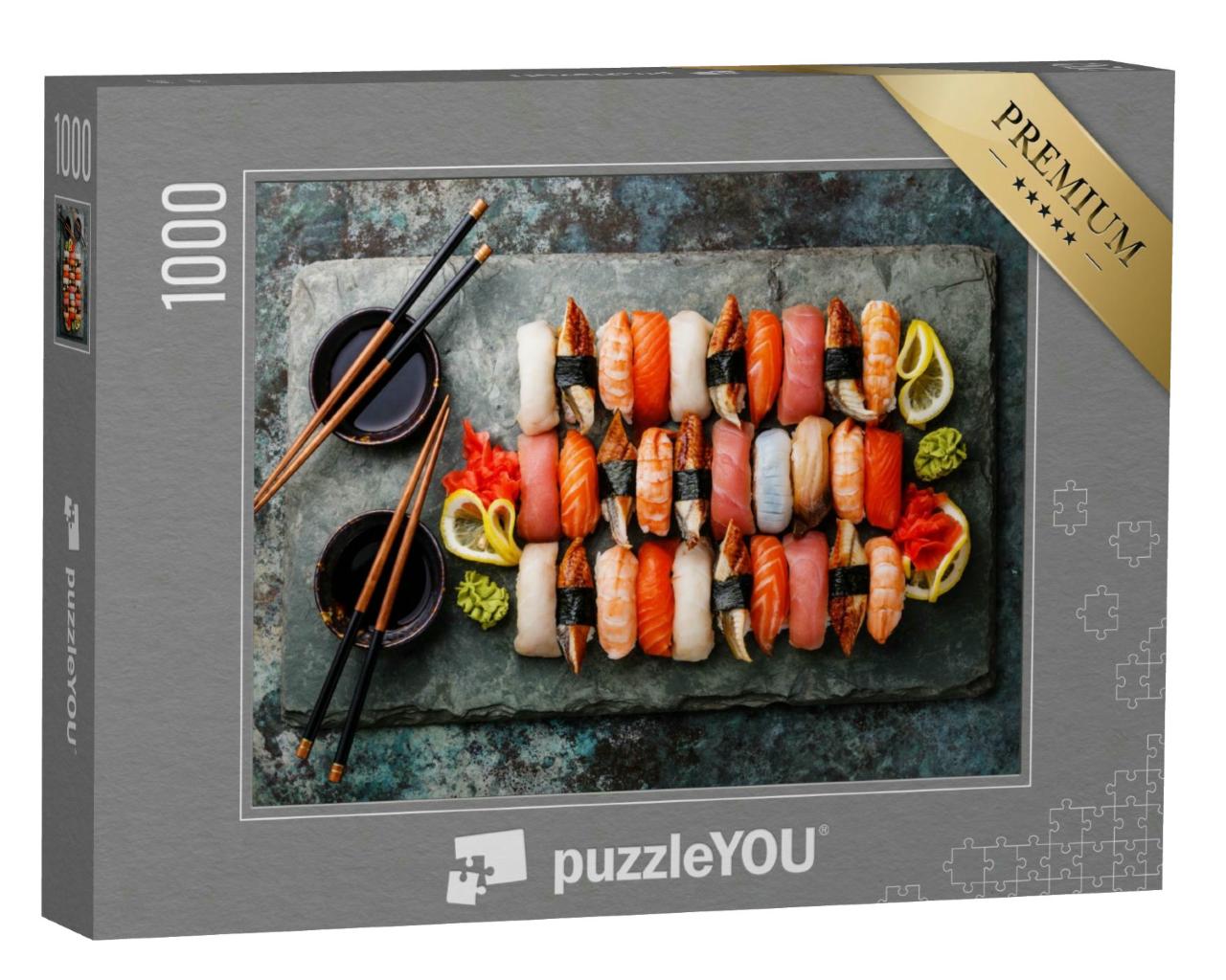 Puzzle 1000 Teile „Sushi-Set Nigiri auf grauer Schieferplatte mit Wasabi, Zitrone und Sojasauce“