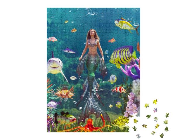 Puzzle 1000 Teile „Digitale Kunst: Meeresnymphe in der bunten Unterwasserwelt“