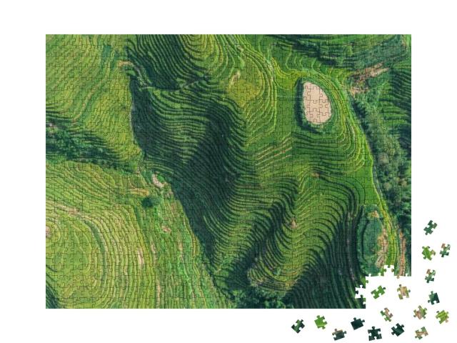 Puzzle 1000 Teile „Luftaufnahme von frischen grünen und gelben Reisfeldern, Kreis Longsheng, China“