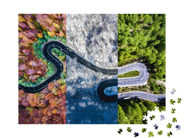 Puzzle 1000 Teile „Kurvenreiche Straße im Wald, Herbst-, Sommer- und Winterzeit-Collage, Luftaufnahme“