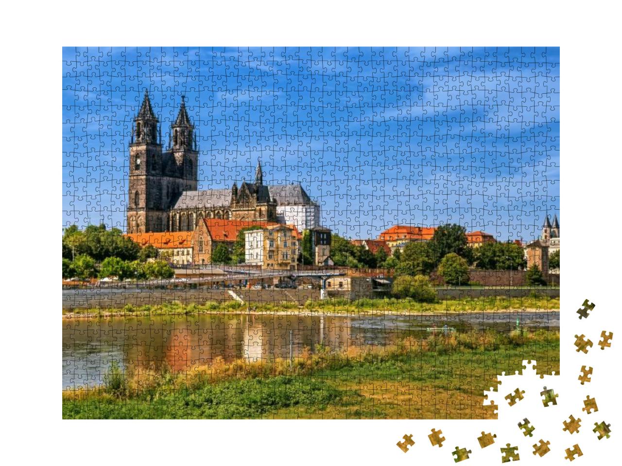 Puzzle 1000 Teile „Panorama der Magdeburger Altstadt mit Dom und Elbe“