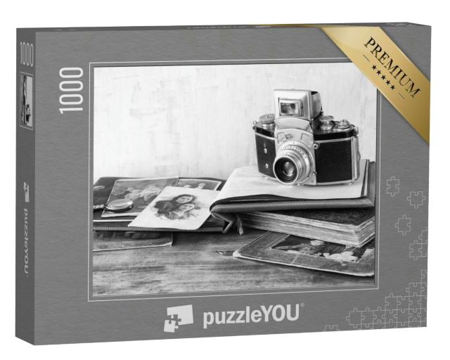 Puzzle 1000 Teile „Vintage-Kamera mit antiken Fotografien, schwarz-weiß“