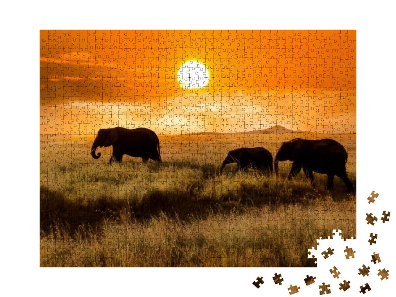 Puzzle 1000 Teile „Elefantenfamilie bei Sonnenuntergang, Nationalpark von Afrika“