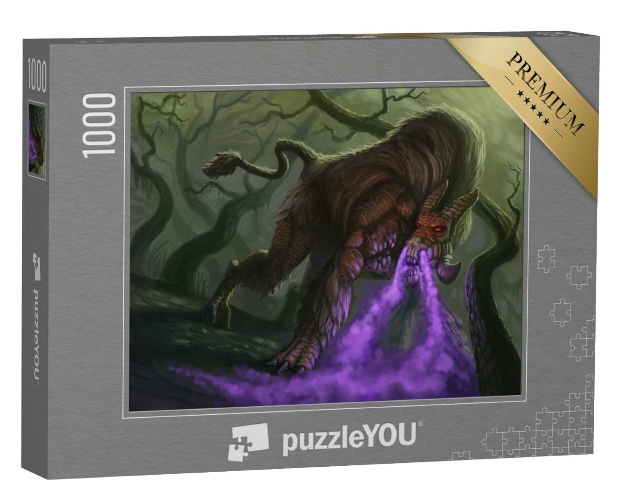 Puzzle 1000 Teile „Fantasy-Malerei: Fantastisches Tierwesen mit lila Atem im Wald“