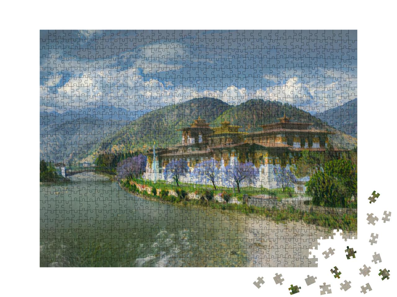 Puzzle 1000 Teile „im Kunst-Stil von Claude Monet - Punakha Dzong in Punakha, Bhutan - Puzzle-Kollektion Künstler & Gemälde“