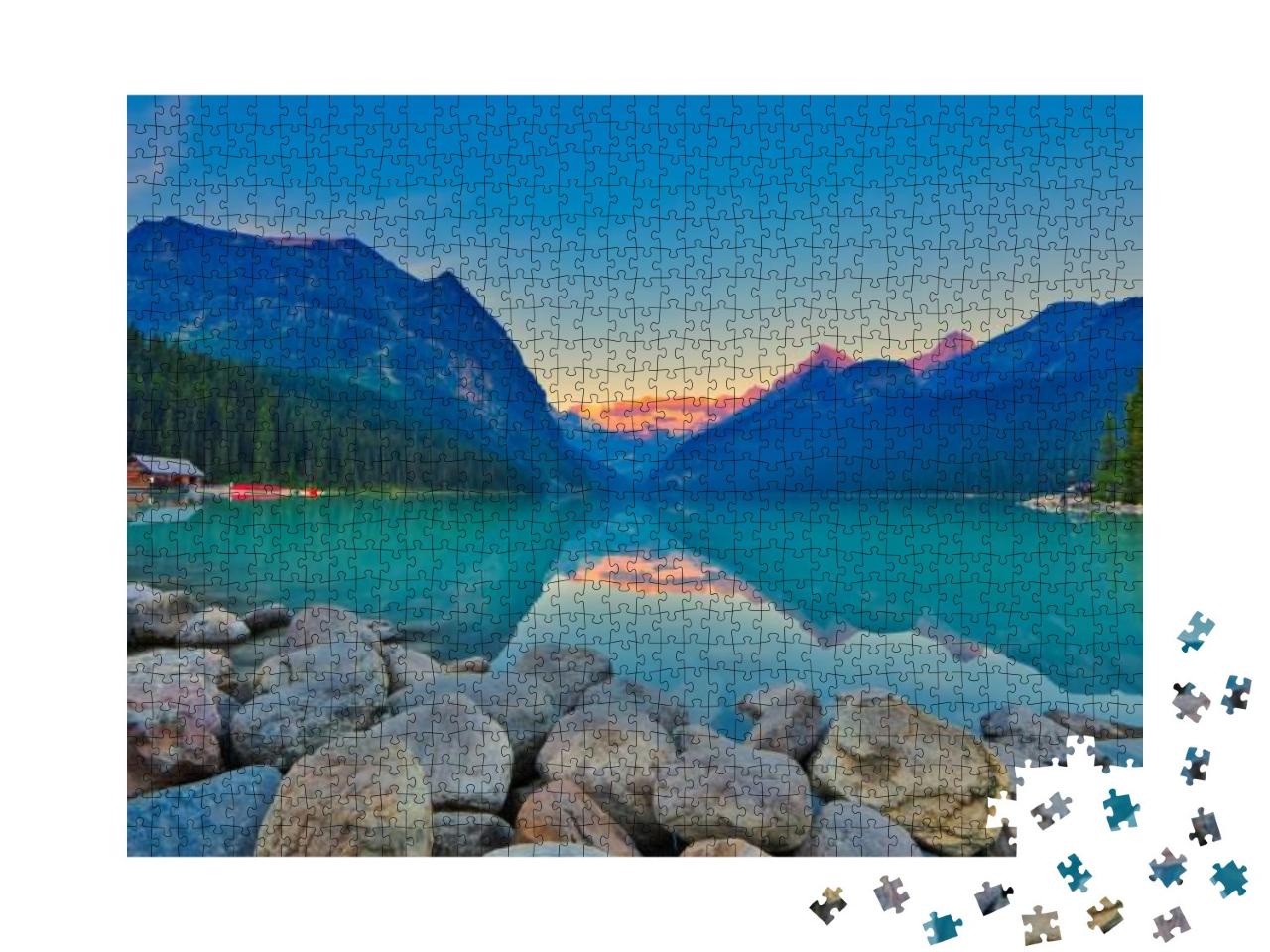 Puzzle 1000 Teile „Panoramablick auf den weltberühmten Lake Louise bis zum Victoria Gletscher“