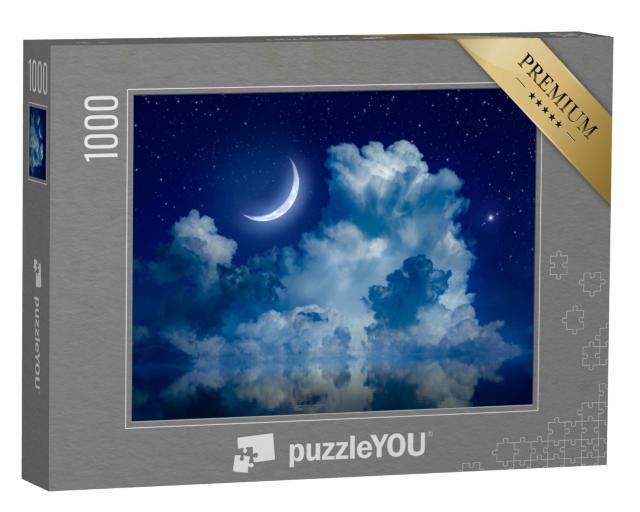 Puzzle 1000 Teile „Wundervolle Mondsichel im nächtlichen Sternenhimmel über dem Meer“